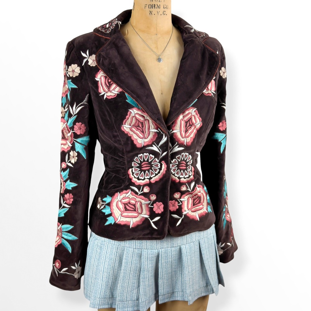 Vtg Cache Floral Embroidered Brown Velvet Fitted Blazer Jacket Sz 4 Y2K Western - Picture 10 of 12